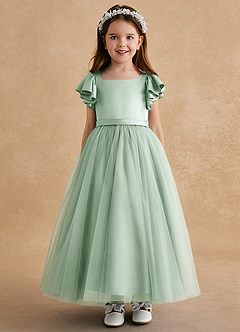 Azazie Suzy Flower Girl Dresses Agave A-Line with Sleeves Tulle Dress image2
