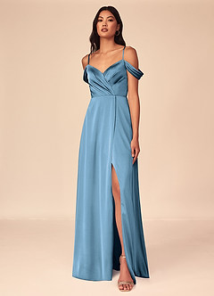 Azazie Ocean Robes de demoiselle d'honneur Robe Trapèze en Satin extensible Col V plissé Acier Bleuté image1