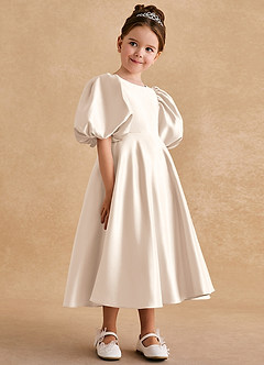Azazie Sugarplum Flower Girl Dresses White Alabaster A-Line with Sleeves Matte Satin Dress image6