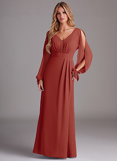 Azazie Matilda Bridesmaid Dresses Terracotta A-Line Long Sleeve Chiffon Dress image3