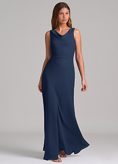 Azazie Nerine Brudtärnklänningar Klä av A-Linje i Chiffong Plisserad Mörk Marinblå image1