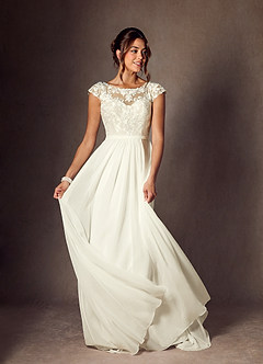 Azazie Brynslee Wedding Dresses Cream A-Line Scoop Sequins Chiffon Dress image1