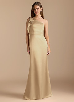 Azazie Rinna Bridesmaid Dresses Champagne Mermaid Ruched Metallic Satin Dress image1