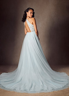 Azazie Odell At-home Try On Dresses Misty Blue A-Line Halter Sequins Tulle Dress image1