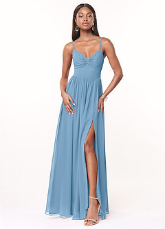 Azazie Zeya Brautjungfernkleider A-Linie V-Hals Gefaltet Chiffon Kleid Stahlblau image1