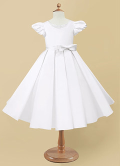 Azazie Jewel Flower Girl Dresses White Ball-Gown Pleated Matte Satin Dress image4