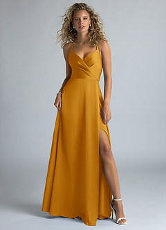 Azazie Davis Bridesmaid Dresses Butterscotch A-Line Pleated Stretch Satin Dress image2