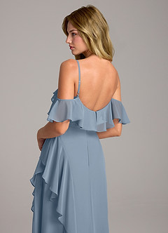 Azazie Aubrie Bridesmaid Dresses Dusty Blue A-Line Off the Shoulder Chiffon Dress image2