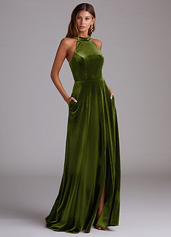 Azazie Larice Bridesmaid Dresses Olive A-Line with Pockets Velvet Dress image1