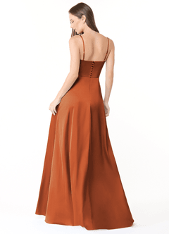 Azazie Halsey Bridesmaid Dresses Cinnamon Sheath Side Slit Stretch Satin Dress image2