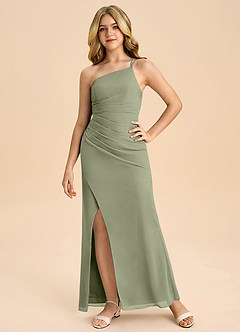 Azazie Eren Junior Vestido Pistache de Chiffon de Linha A com Plissado image2