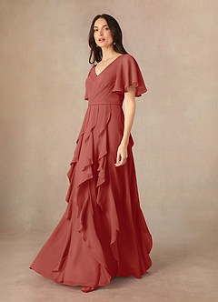 Azazie Watson Final Sale Terracotta A-Line V-Neck Chiffon Dress image2
