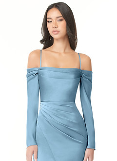 Azazie Hallie Vestidos de damas de honor Vestido de Azul Acero de Satén Elástico de Corte Recto Convertible con Manga larga con hombros descubiertos image2