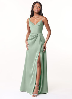 Azazie Brielle Bridesmaid Dresses Agave A-Line Cowl Spaghetti Straps Stretch Satin Dress image1