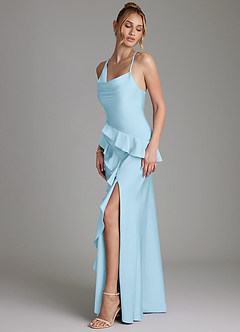 Azazie Jayda Bridesmaid Dresses Sky Blue A-Line Ruched Stretch Satin Dress image5