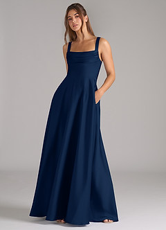 Azazie Shaude Bridesmaid Dresses Dark Navy A-Line Pleated Stretch Satin Dress image4