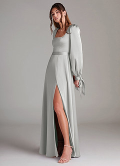 Azazie Leonia Bridesmaid Dresses Silver A-Line Long Sleeve Stretch Satin Dress image5