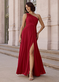 Azazie Brooke Bridesmaid Dresses Scarlet A-Line One Shoulder Chiffon Dress image2