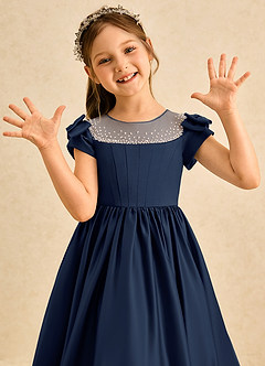 Azazie Toffee Abiti da Ragazza di Fiori Abito Stile Principessa in Raso Opaco Fiocco Marino Scuro image6