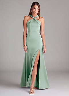 Azazie Rue Bridesmaid Dresses Agave A-Line Pleated Stretch Satin Dress image3