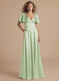 Azazie Kimber Bridesmaid Dresses Dusty Sage A-Line Ruched Metallic Satin Dress image1