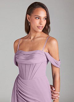 Azazie Amyra Bridesmaid Dresses Wisteria Sheath Off the Shoulder Chiffon Convertible Dress image6