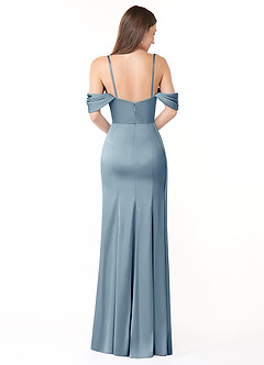 Azazie Amyra Bridesmaid Dresses Dusty Blue Sheath Off the Shoulder Stretch Satin Convertible Dress image5