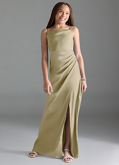 Azazie Leonis Junior Moss Green A-Line Pleated Stretch Satin Dress image1