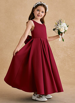 Azazie Honey Bear Flower Girl Dresses Burgundy A-Line Pleated Matte Satin Dress image5