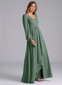 Azazie Liah Bridesmaid Dresses Eucalyptus A-Line Long Sleeve Chiffon Dress image5