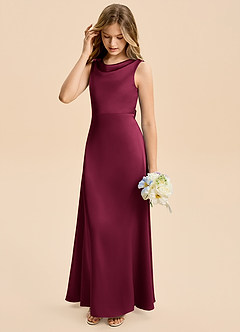 Azazie Kiki Junior Burgundy A-Line Bow Stretch Satin Dress image4