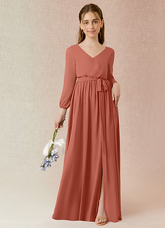 Azazie Angelica Junior Abito A-Line in Chiffon Plissettato Argilla image1