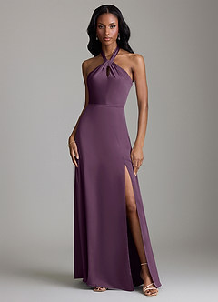 Azazie Tracie Bridesmaid Dresses Plum A-Line Side Slit Stretch Satin Dress image1