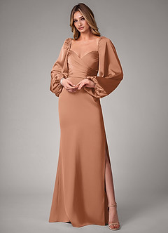 Azazie Sonata Bridesmaid Dresses Bronzer Sheath Long Sleeve Stretch Satin Convertible Dress image1