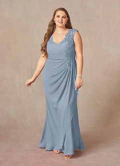 Azazie Gladys Mère de la mariée Robes Robe Trapèze en Mousseline de soie Dentelle Reine Anne Bleu Poussiéreux image9