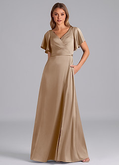 Azazie Ambrosia Bridesmaid Dresses Taupe A-Line Pleated Stretch Satin Dress image5