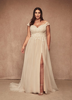 Azazie Bellisima Wedding Dresses Diamond White Nude A-Line V-Neck Tulle Dress image1