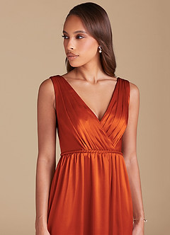 Azazie Tanicia Bridesmaid Dresses Paprika A-Line Pleated Metallic Satin Dress image2
