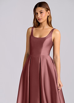 Azazie Amalie 신부 들러리 드레스 A라인 주름진 스트레치 새틴 티 길이 드레스 image6