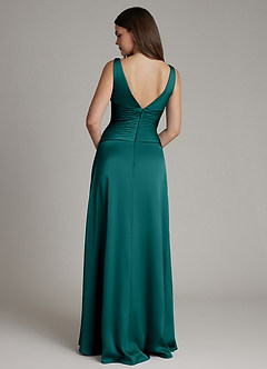 Azazie Pauline Final Sale Peacock A-Line Pleated Stretch Satin Dress image2