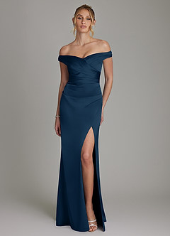 Azazie Teyana Bridesmaid Dresses Dark Navy Sheath Off the Shoulder Stretch Satin Dress image4