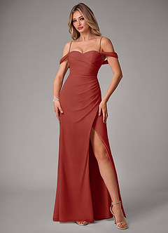 Azazie Haisley Bridesmaid Dresses Terracotta Sheath Off the Shoulder Chiffon Convertible Dress image5