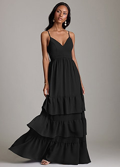 Azazie Nathalia Bridesmaid Dresses Black A-Line Ruched Chiffon Dress image1
