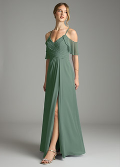 Azazie Dakota Vestidos de damas de honor Vestido de Eucalipto de Gasa de Corte en A con Cuello en V plisado image4