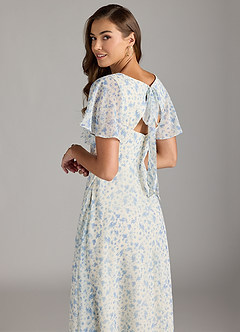 Azazie Kimber Bridesmaid Dresses Blue And White Ditsy Floral A-Line Flounce Sleeve Chiffon Dress image2