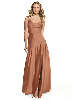 Azazie Kayla Robes de demoiselle d'honneur Robe Fourreau en Satin extensible Fente Latérale Bronze image1