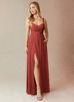 Azazie Reniya Bridesmaid Dresses Terracotta A-Line Pleated Mesh Convertible Dress image1
