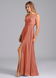Azazie Karina Bridesmaid Dresses Salmon Pink A-Line Pleated Stretch Satin Dress image3