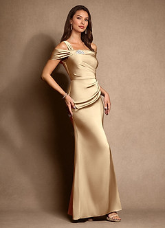 Azazie Altonia Mother of the Bride Dresses Champagne Mermaid Off the Shoulder Stretch Satin Dress image2