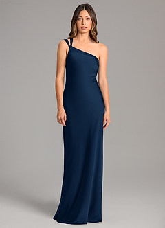 Azazie Monroe Jurken voor bruidsmeisjes Jurk van Stretch Satijn met Zeemeermin One-Shoulder Donkere Marine image4